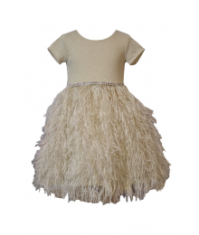 AVAILABLE ONLY  AFTER DEC 12 2025 , Bonnie Jean Sleeved Ivory Metallic Knit to Lurex Jacquard Sparkling Waist Trim Faux Feather Party Dress